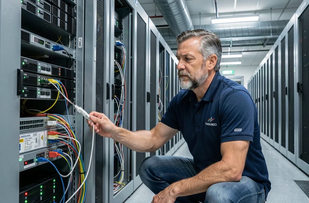 Technicien informatique démontant des serveurs obsolètes dans un datacenter dans le cadre d'une démarche de sobriété numérique