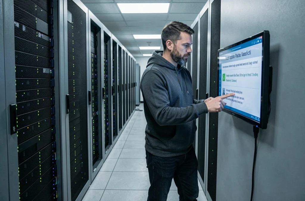 Technicien en salle de serveurs supervisant des mises à jour de sécurité pour corriger des failles récurrentes sur les systèmes informatiques
