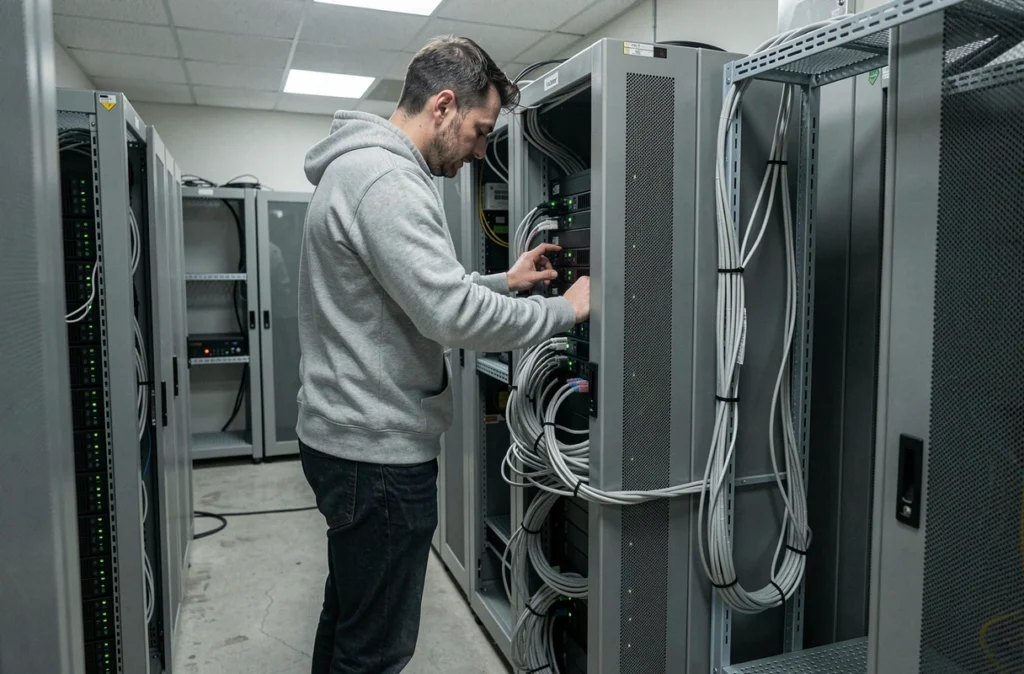 Technicien informatique inspectant un rack de serveurs dans la salle serveur d'une petite entreprise