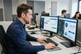 Technicien support utilisant une interface d'intelligence artificielle sur double écran dans un bureau moderne