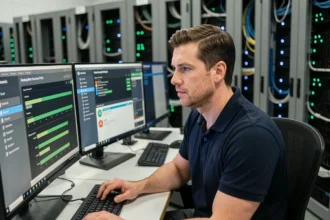Technicien informatique surveillant des sauvegardes automatisées sur plusieurs écrans dans une salle de serveurs