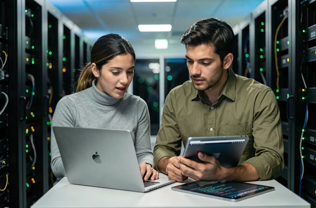 Deux techniciens informaticiens collaborant sur des scripts d'automatisation de déploiement dans une salle de serveurs d'entreprise