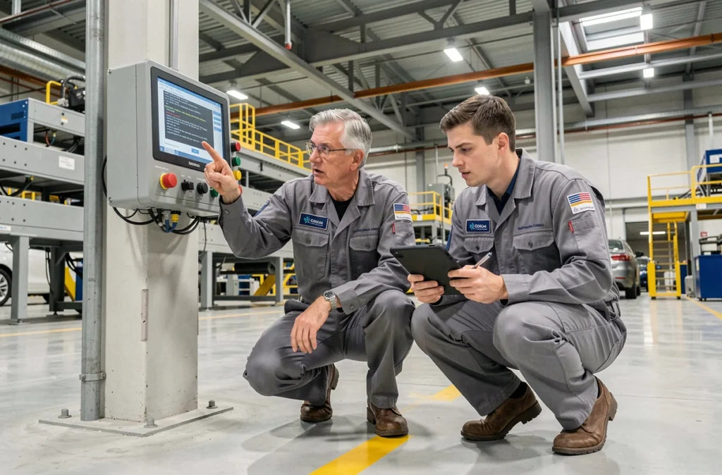 Deux techniciens industriels diagnostiquant une erreur sur un terminal avec logiciel legacy en atelier de production