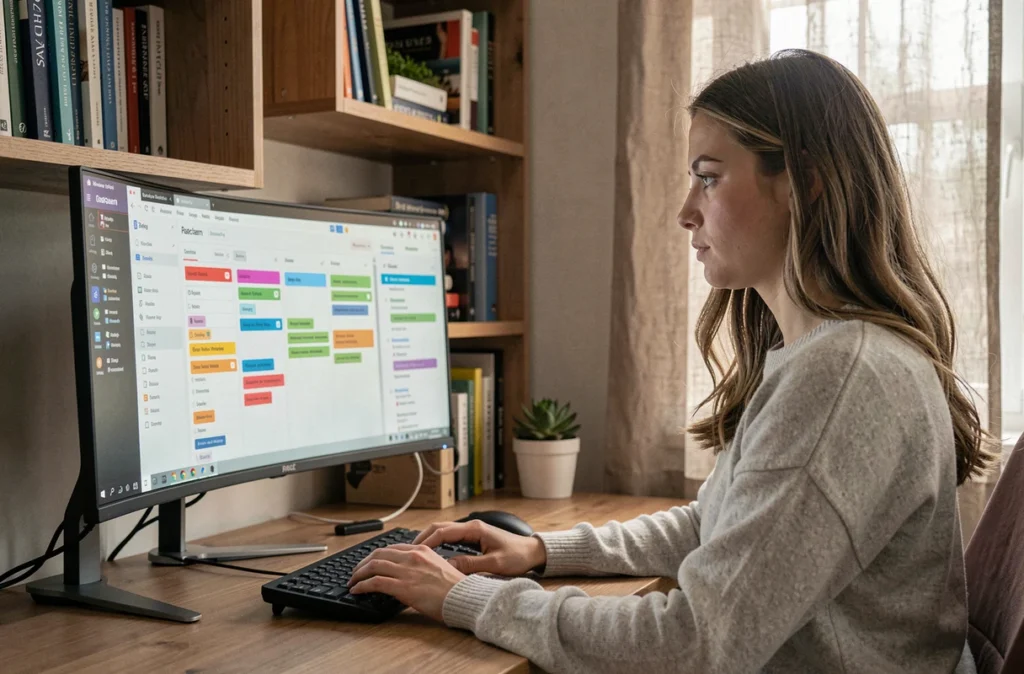 Femme travaillant depuis chez elle sur un document collaboratif en ligne avec plusieurs participants actifs