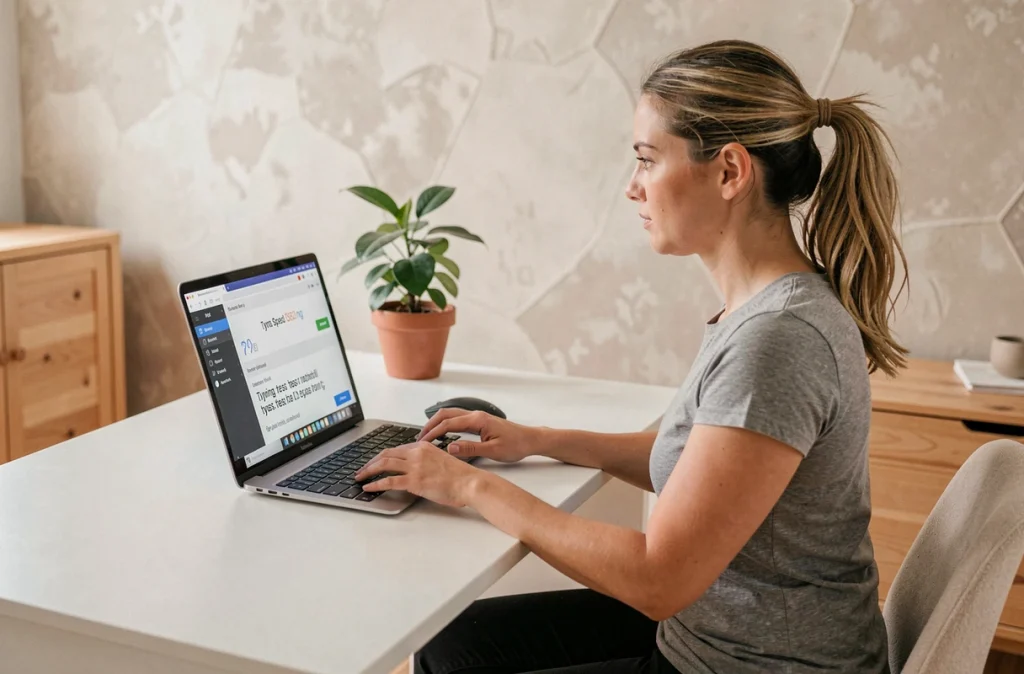 Femme mesurant sa vitesse de frappe sur clavier dans un bureau minimaliste moderne