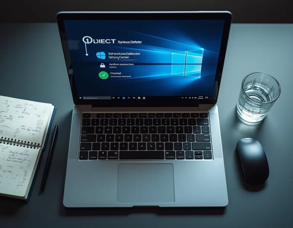 Vue aérienne d'un ordinateur portable affichant l'interface de sécurité Windows Defender avec statut de protection actif