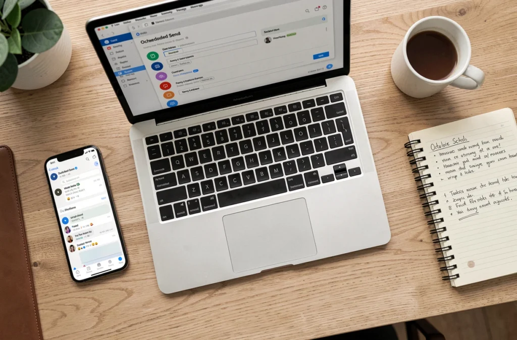 Vue de dessus d'un bureau avec ordinateur portable affichant Outlook, carnet de notes et smartphone pour automatiser les envois d'emails
