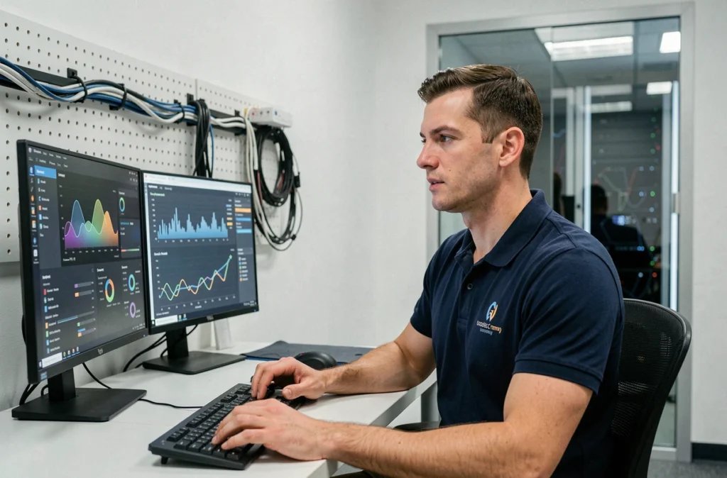 Technicien informatique de 3S2I devant des écrans de monitoring système dans un bureau professionnel
