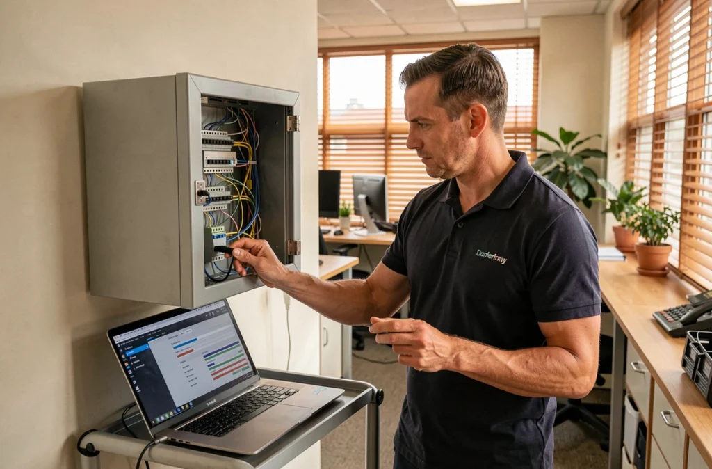 Technicien d'ABCR Informatique configurant un switch réseau dans un cabinet mural pour une PME