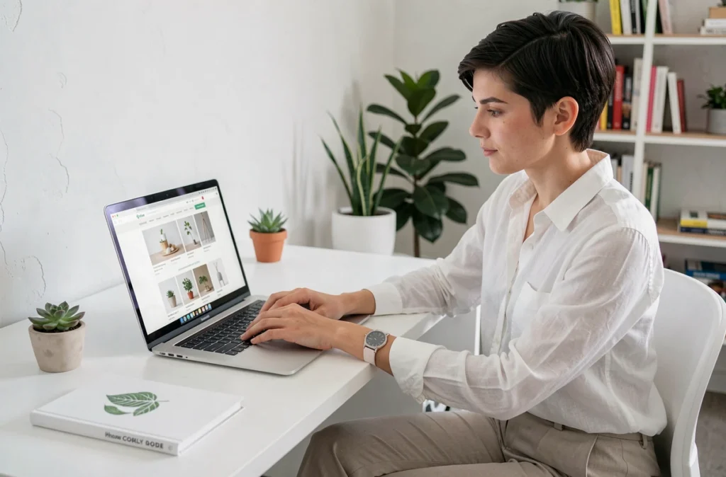 Graphiste de l'agence Artich.io travaillant sur une maquette e-commerce épurée dans un studio moderne aux tons blancs et verts