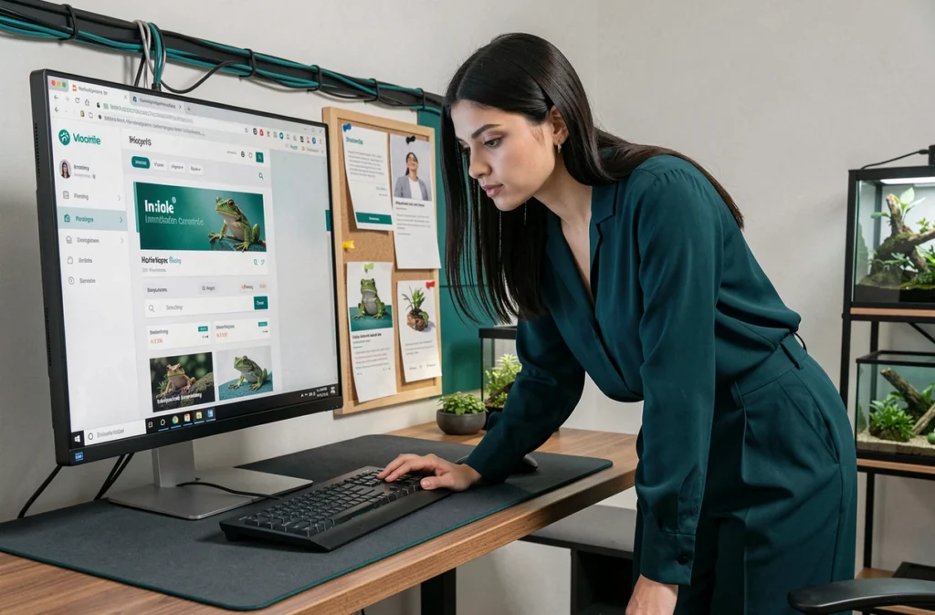 UX designer de l'agence e-Frogg travaillant sur des maquettes de wireframes e-commerce Shopify dans un studio digital organisé aux tons sarcelle