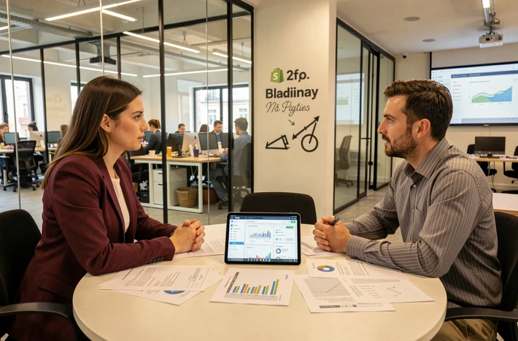 Deux consultants de l'agence e+p analysant des rapports Shopify dans une salle de réunion vitrée d'un espace de coworking à Marseille
