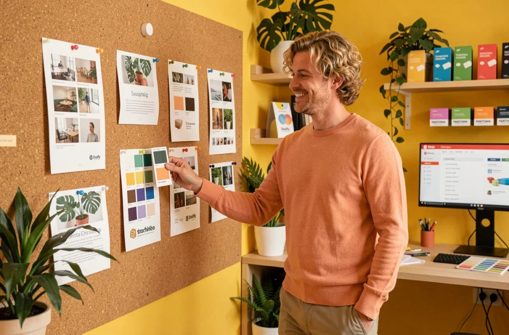 Directeur créatif de Hello Pomelo dans un studio coloré examinant des planches de tendances pour une boutique Shopify