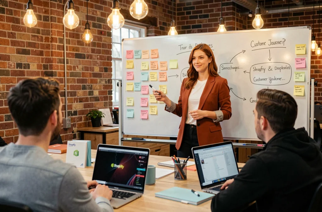 Cheffe de projet de Jones and Co présentant une stratégie e-commerce Shopify sur un tableau blanc dans un bureau créatif à l'ambiance industrielle