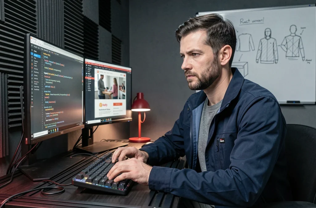 Développeur web de l'agence lobsTTer concentré sur du code Shopify devant un double écran dans un bureau technique sombre