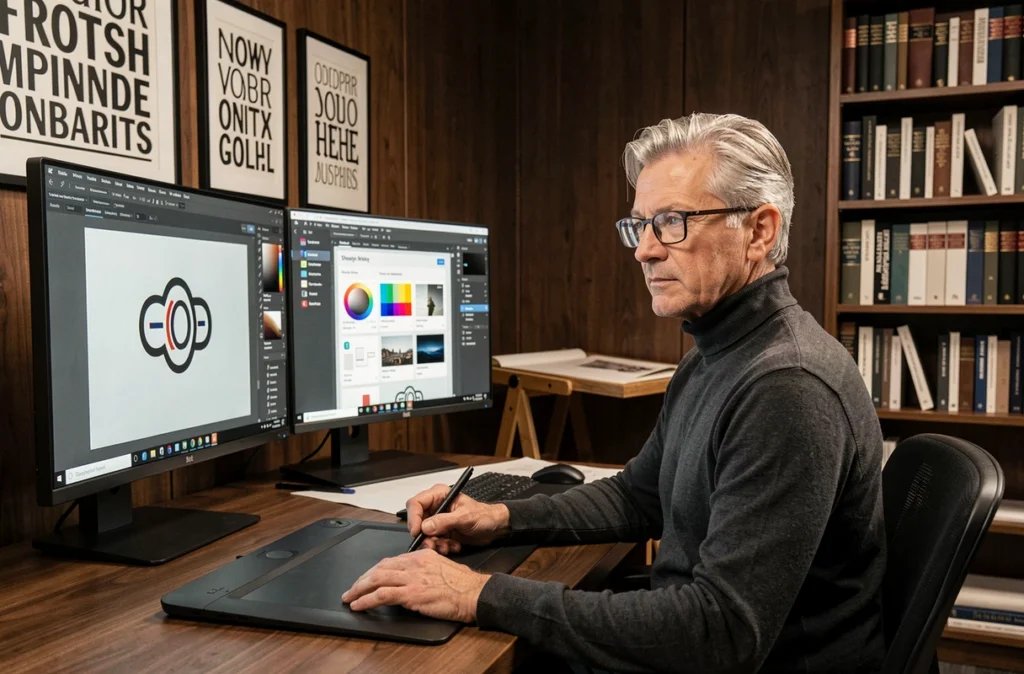 Designer senior de RgDesign travaillant sur une identité visuelle et un thème Shopify dans un studio au design classique et sophistiqué