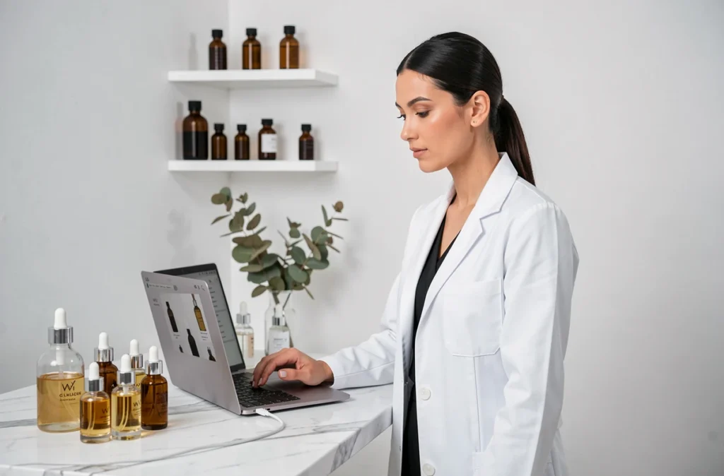 Directrice artistique de SERUM AND CO supervisant la photographie de produits cosmétiques pour une boutique Shopify dans un studio épuré