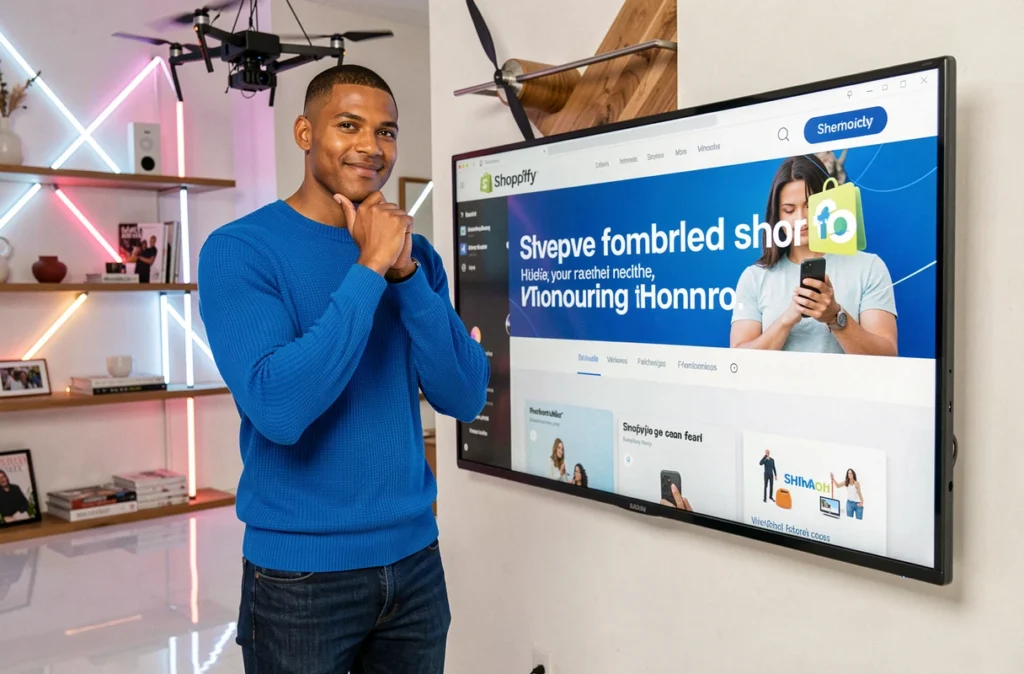 Directeur de création de l'agence Snazzy présentant un design Shopify audacieux et tendance sur un écran mural dans un studio créatif contemporain