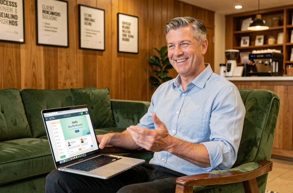 Consultant de WELCOME MAX en train d'accueillir un nouveau client lors d'un appel d'onboarding Shopify dans un espace agence chaleureux