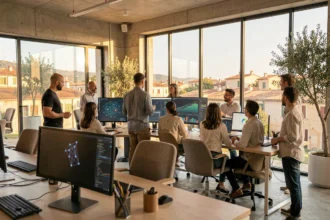 Équipe de professionnels spécialisés en intelligence artificielle travaillant dans un open-space moderne en Provence-Alpes-Côte d'Azur