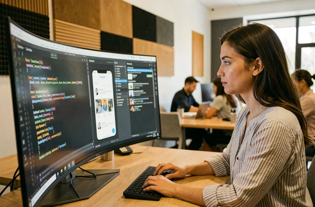 Développeuse d'Applixia codant une application mobile dans un espace de co-working moderne