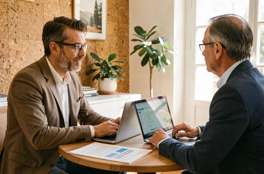 Consultant informatique en réunion de conseil avec un client dans un bureau à Cogolin