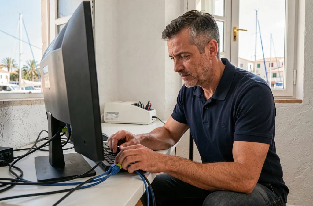 Technicien en dépannage informatique connectant des câbles dans un bureau à Sanary-sur-Mer
