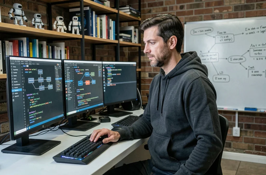 Ingénieur logiciel d'AViSTO travaillant sur des architectures d'intelligence artificielle et des pipelines de code dans un bureau technologique