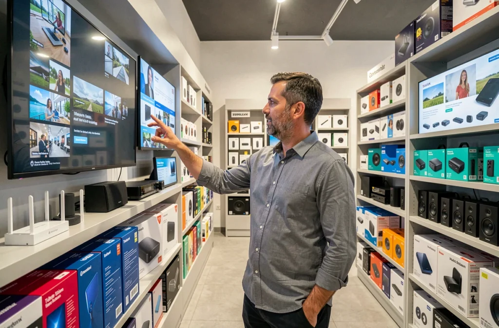 Spécialiste en solutions multimédias présentant des équipements dans une boutique moderne à Toulon