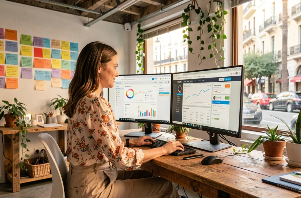 Conceptrice web de CKC Net travaillant sur un site web intégrant des outils d'intelligence artificielle dans un studio créatif à Nice