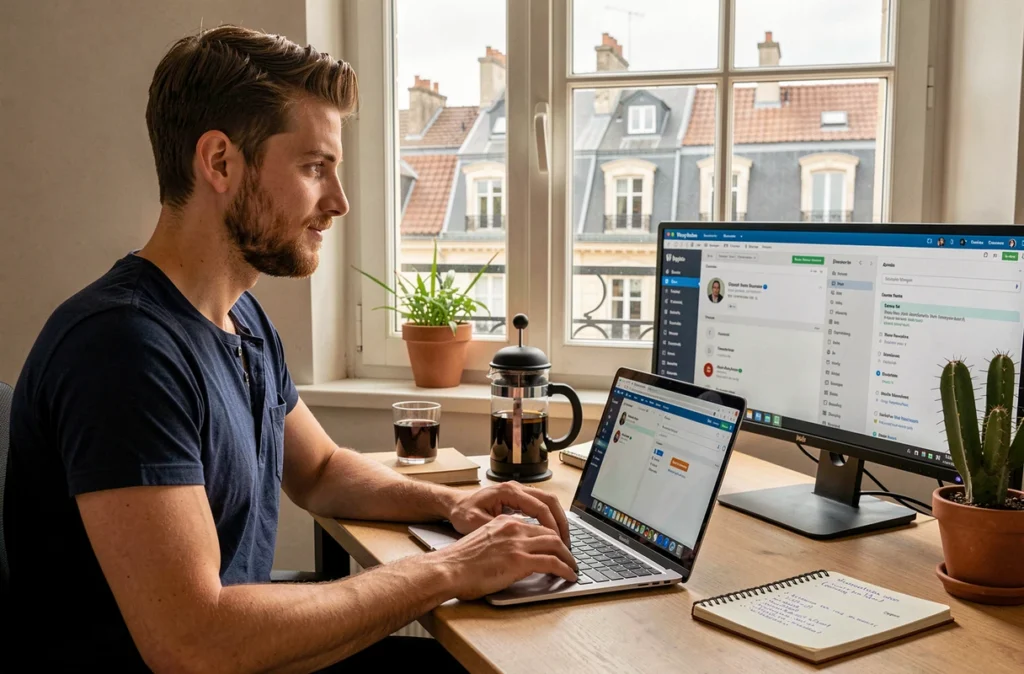 Clément Quatravaux, freelance WordPress à Reims, travaillant seul sur un projet client depuis son bureau à domicile