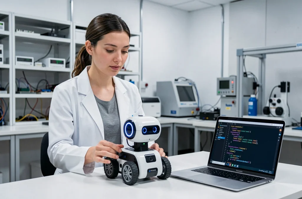 Spécialiste en automatisation de Dbot interagissant avec un robot autonome dans un laboratoire technologique