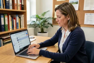 Enseignante utilisant le webmail académique sur un ordinateur portable dans une salle de classe administrative pour suivre les échanges avec les familles