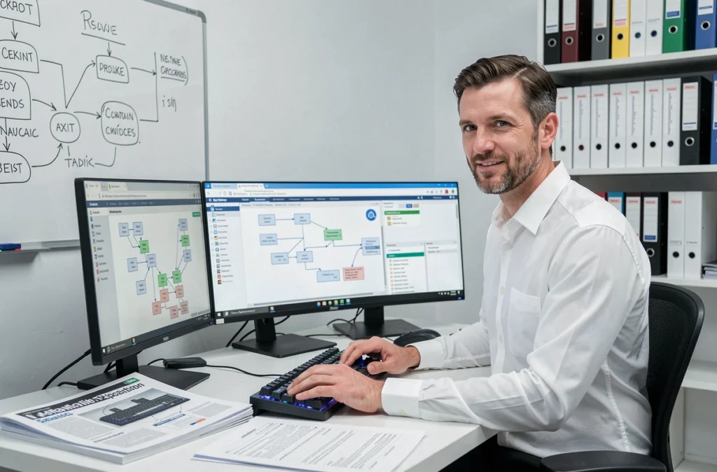 Ingénieur systèmes de Girlich IT System Service gérant des consoles de virtualisation dans un bureau technique