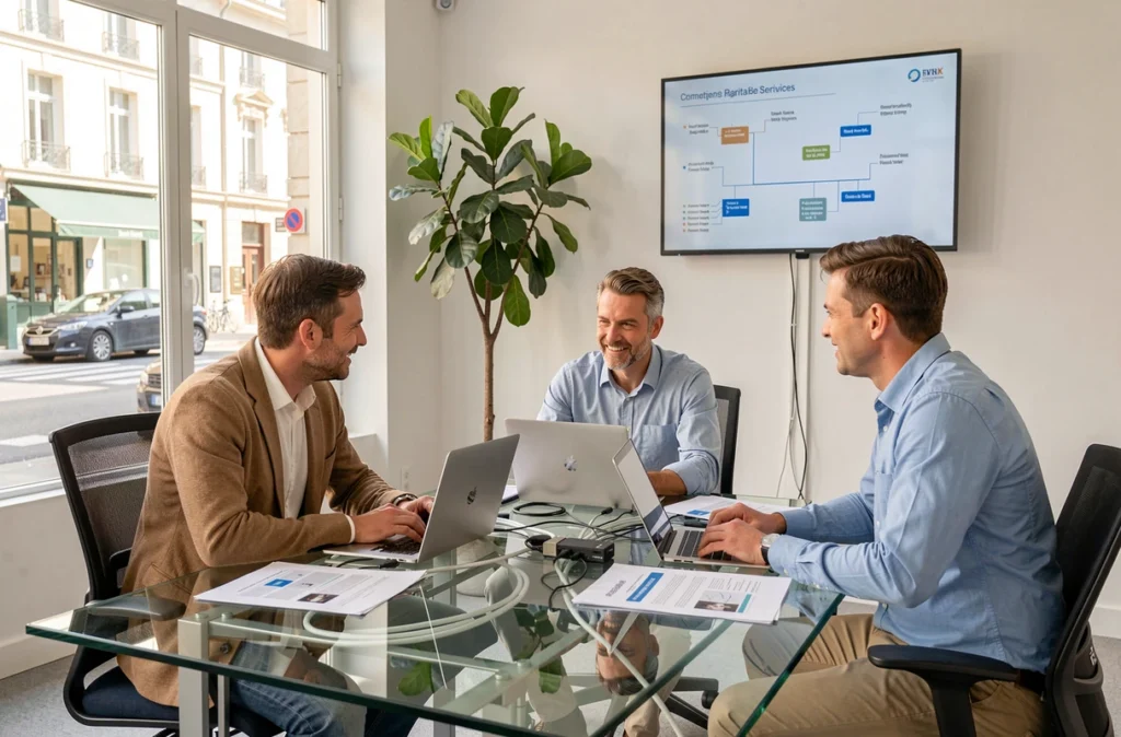 Équipe du Groupe SAPH collaborant autour d'un projet de services numériques et d'intelligence artificielle en réunion dans leurs bureaux