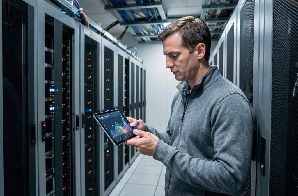 Spécialiste informatique d'Informatique 06 consultant un tableau de bord réseau devant un rack de serveurs