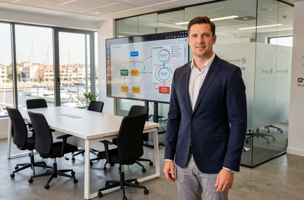 Consultant de l'agence JUWA présentant une stratégie d'intelligence artificielle sur un écran interactif dans un bureau moderne à Marseille