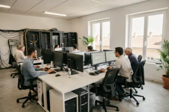 Bureau de maintenance informatique professionnel dans le Var avec techniciens au travail sur plusieurs postes informatiques