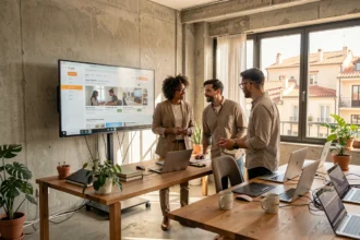 Équipe d'une agence digitale à Marseille collaborant autour d'une interface Shopify dans un bureau moderne avec vue sur la ville