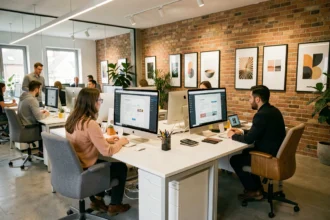 Vue d'ensemble d'une agence web moderne dans le Grand Est avec des professionnels travaillant sur des projets WordPress