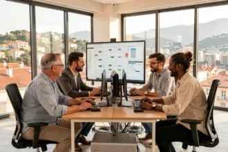 Équipe de prestataires informatiques dans les Alpes-Maritimes collaborant dans un bureau moderne avec vue sur Nice