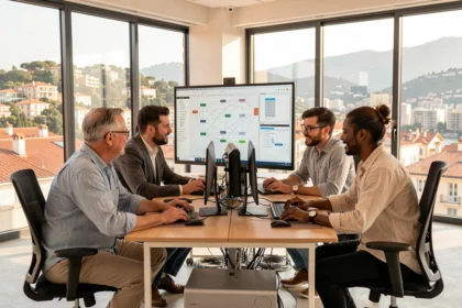 Équipe de prestataires informatiques dans les Alpes-Maritimes collaborant dans un bureau moderne avec vue sur Nice