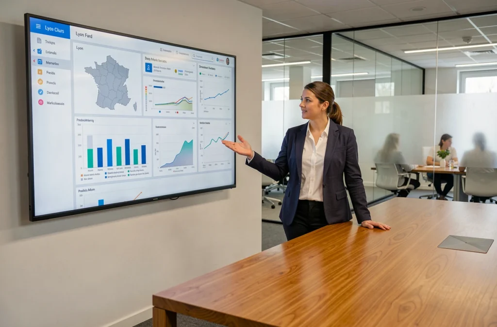 Analyste de données de Meritis Régions présentant des tableaux de bord analytiques et des visualisations de données régionales en réunion