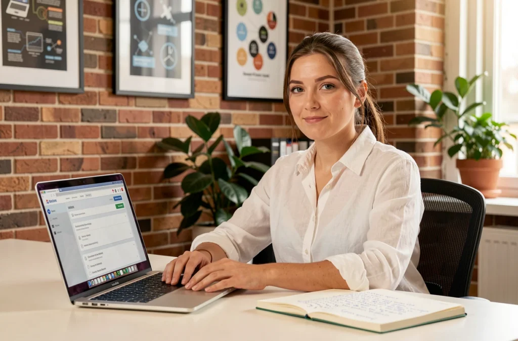 Consultante informatique de Nice-informatique.fr travaillant sur une interface web dans un bureau chaleureux