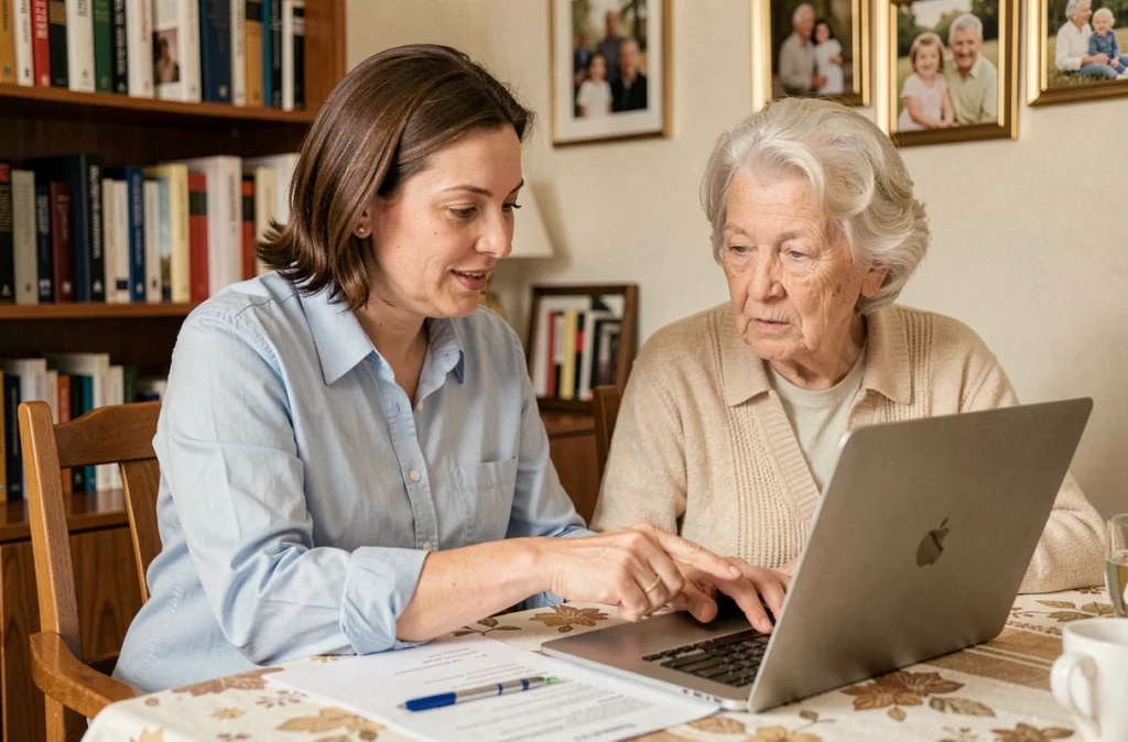 Technicienne en assistance informatique à domicile aidant une personne âgée avec un logiciel administratif