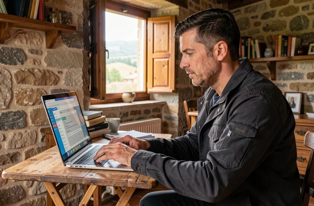 Technicien informatique en dépannage dans un bureau à domicile aux Arcs-sur-Argens avec décor provençal
