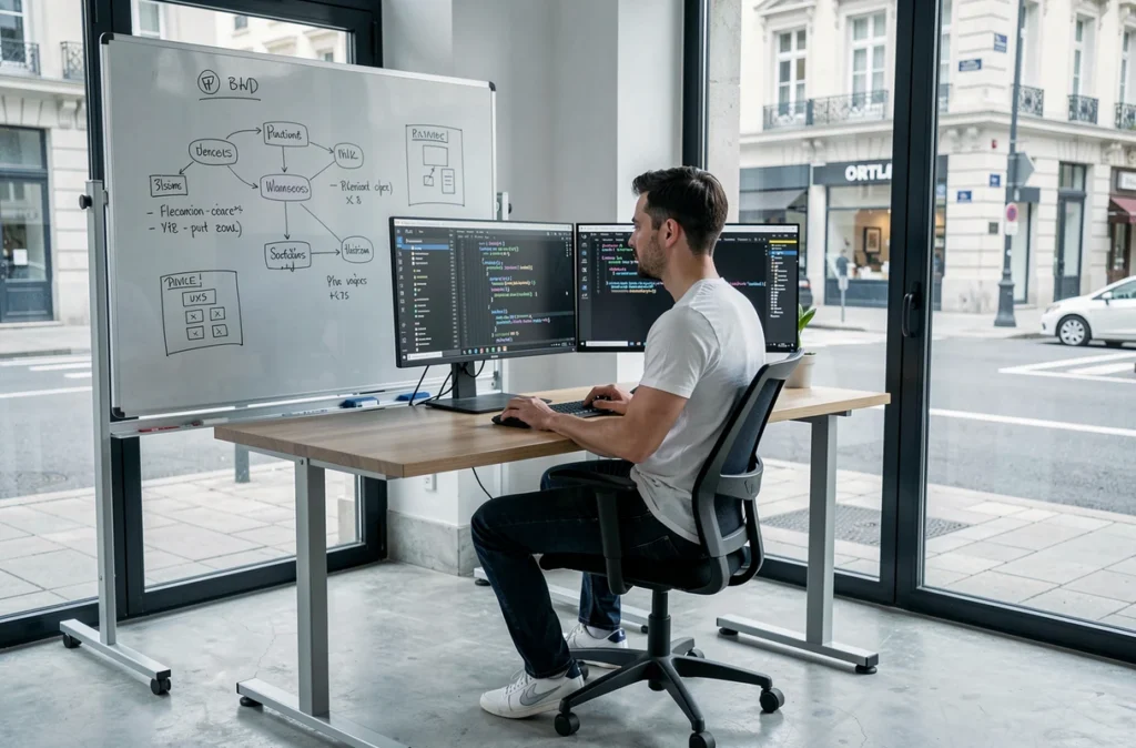 Développeur de Pragmea travaillant sur un projet de développement web sur-mesure avec du code personnalisé