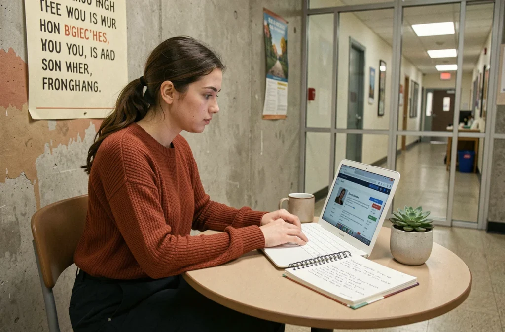 Jeune professeure rédigeant un email via le webmail ac-rennes pour communiquer avec les parents d'élèves depuis la salle des professeurs
