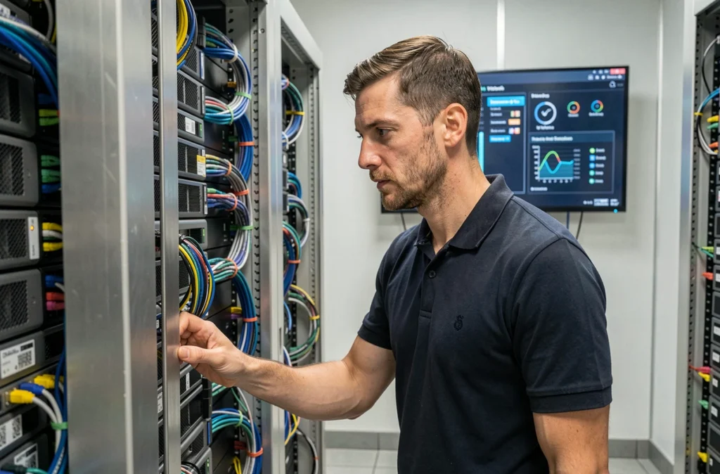 Technicien informatique inspectant un rack serveur dans une salle dédiée à la cybersécurité à Garéoult