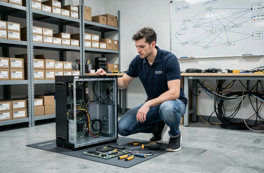 Technicien de Riviera Prestations Informatique réparant un ordinateur dans un atelier professionnel
